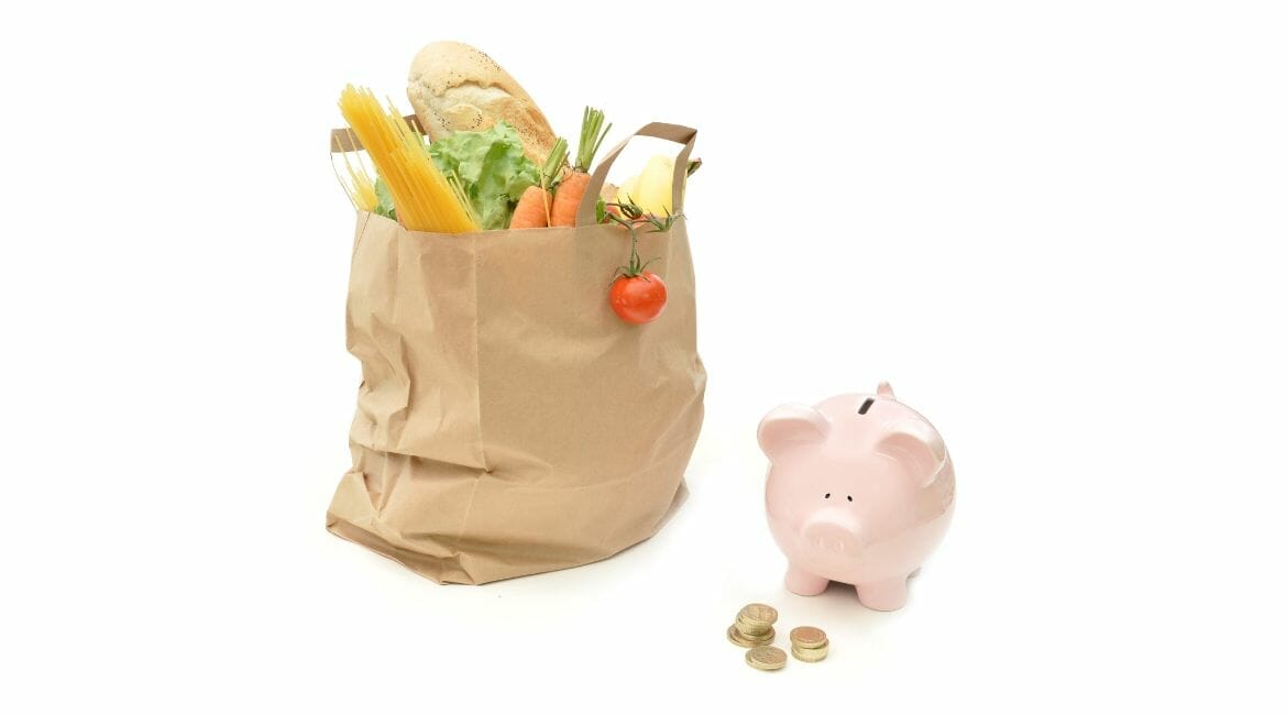 A Piggy Bank Next To A Shopping Bag With Vegetables.